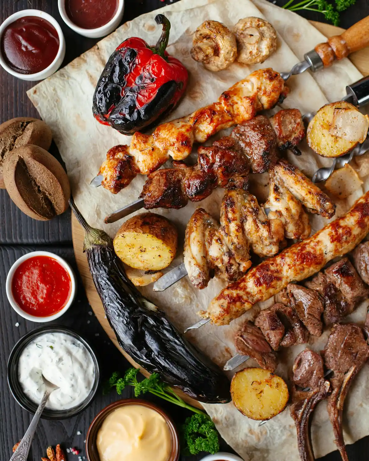 Tahta üzerinde kebap şişleri, közlenmiş biber, patlıcan ve soslar